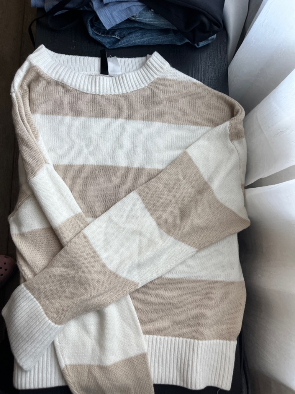 Divided Cream and Tan Striped Crewneck Sweater